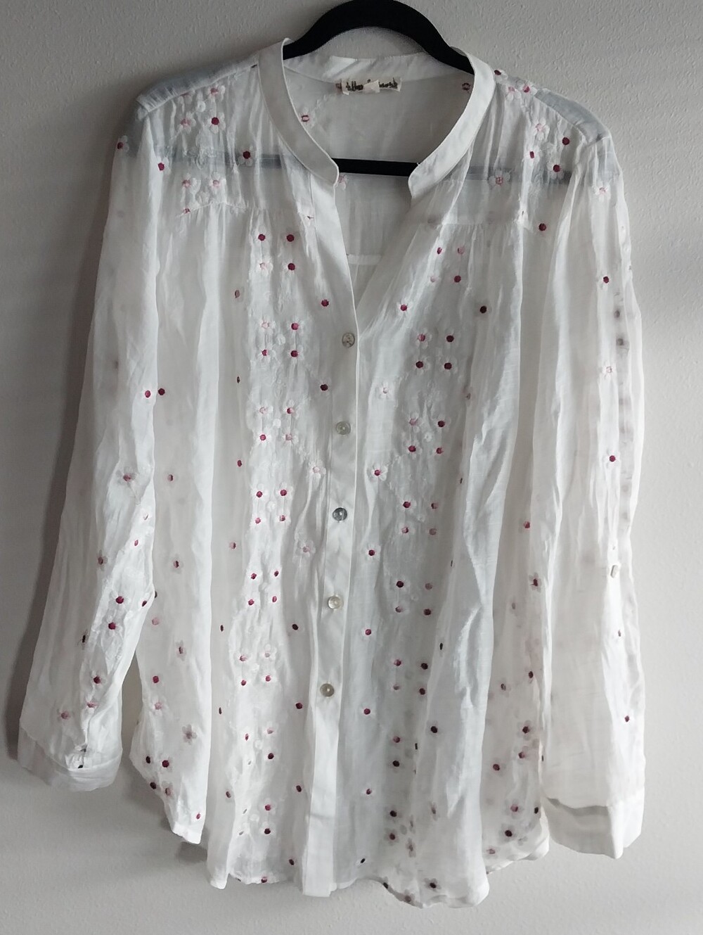 Hope Springs Pink & White Floral Embroidered Semi=Sheer Button Front Blouse